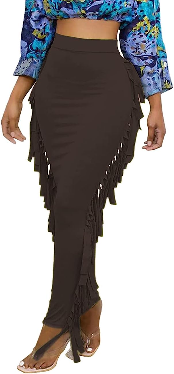 Lrady Women's Elastic Waist Slim Bodycon Side Tassels Long Maxi Pencil Skirts - Image 3